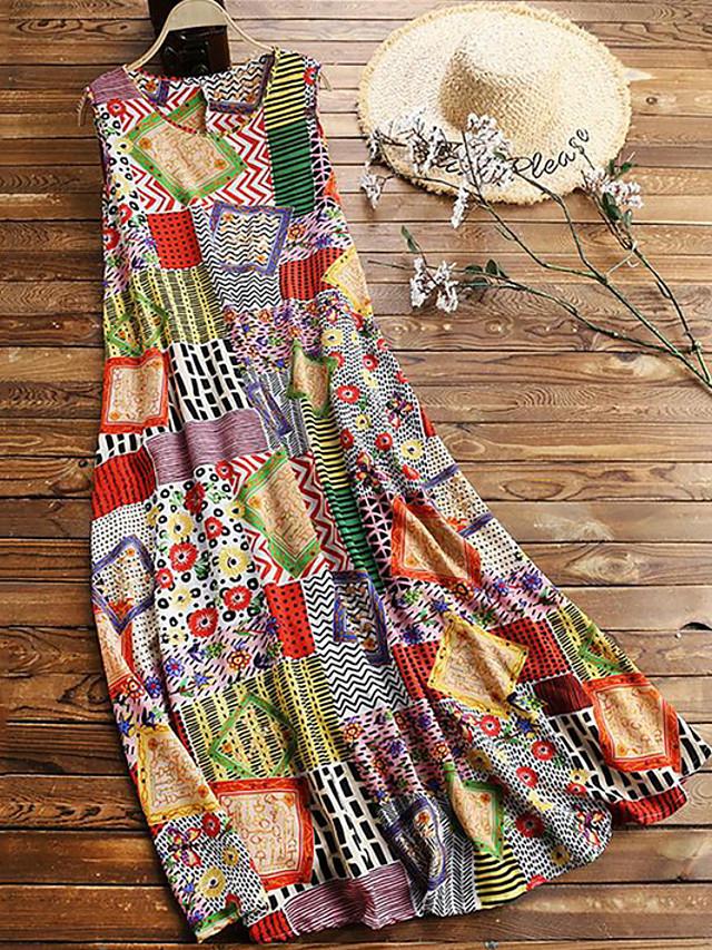 flowersverse Women's A-Line Dress Maxi Long Dress Sleeveless Tribal Print Summer Hot Casual Mumu Khaki M