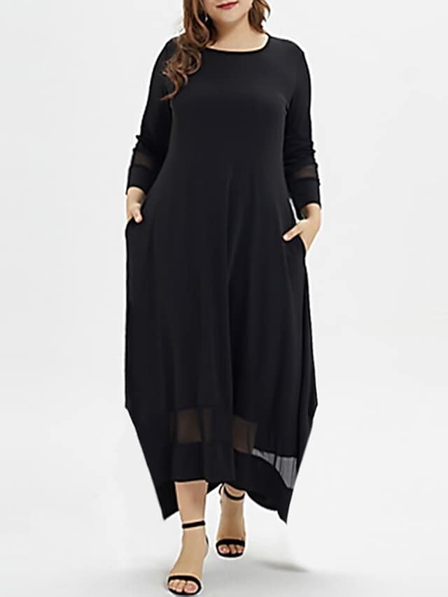 flowersverse Women's Plus Size Holiday Dress Solid Colored Crew Neck Long Sleeve Fall Winter Casual Maxi long Dress Dress