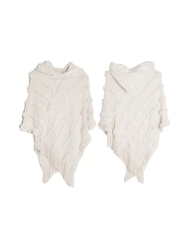 flowersverse Hooded Keep Warm Solid Color Tasseled Shawl&Cloak Cape