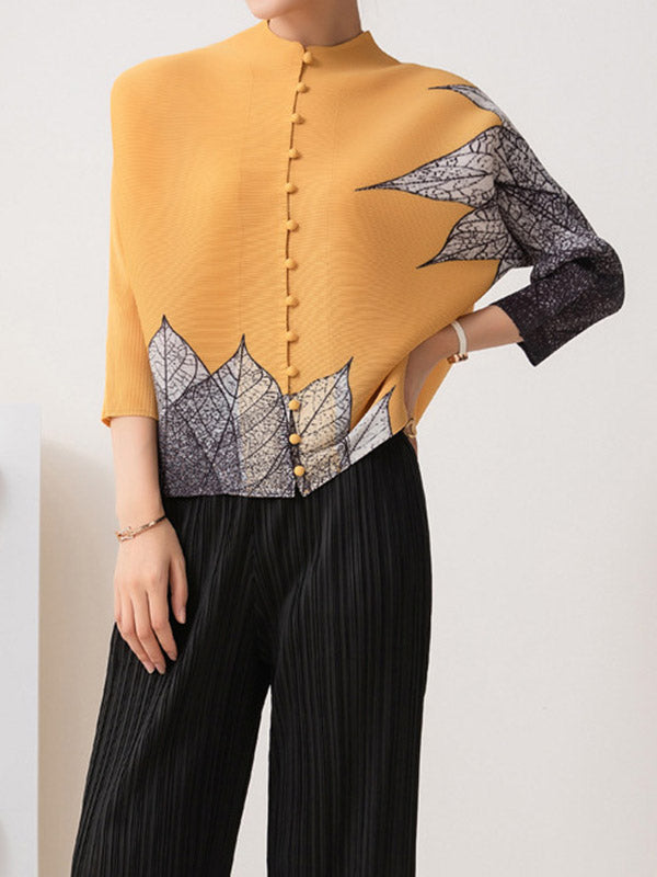 flowersverse Buttoned Leaves Print Long Sleeves Loose Round-Neck Outerwear
