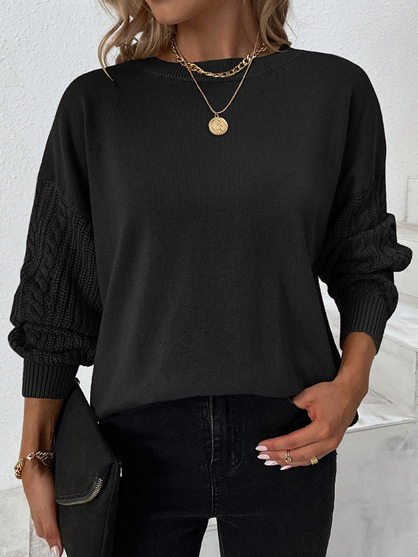 flowersverse Knitted Twist Long Sleeves Solid Color Round-Neck Sweater Tops