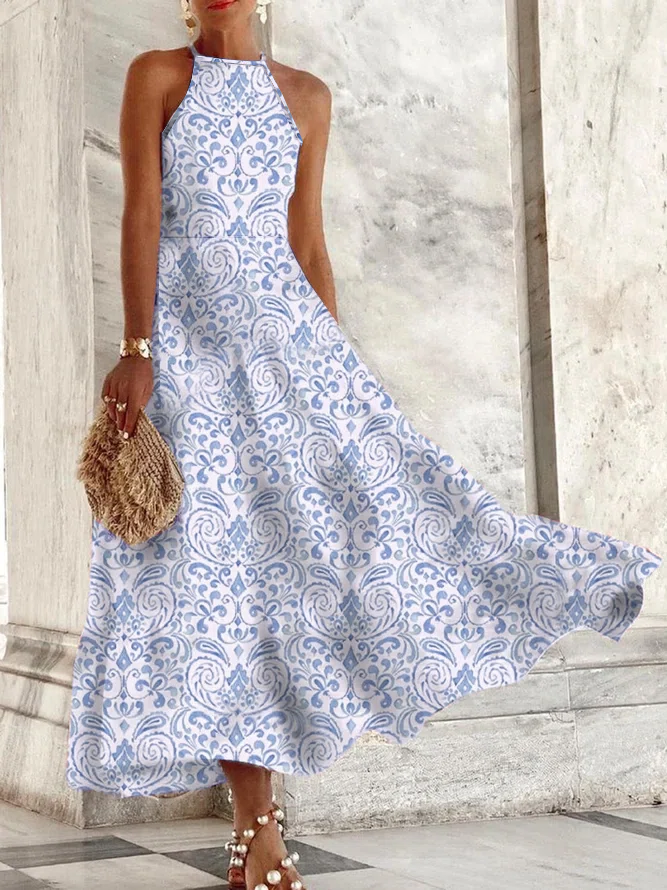 flowersverse Jersey Boho Ethnic Hanging Neck Collar Maxi Dress
