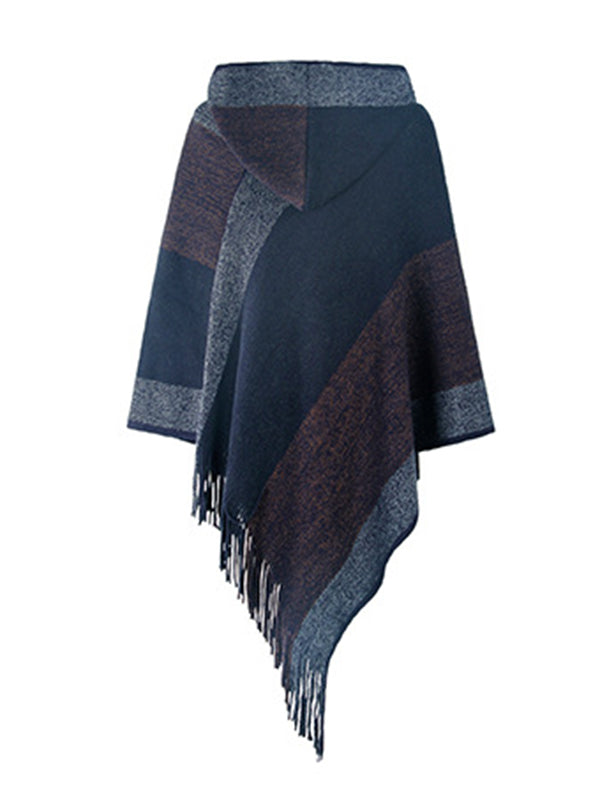 flowersverse Casual Loose Striped Tasseled Hooded Cape