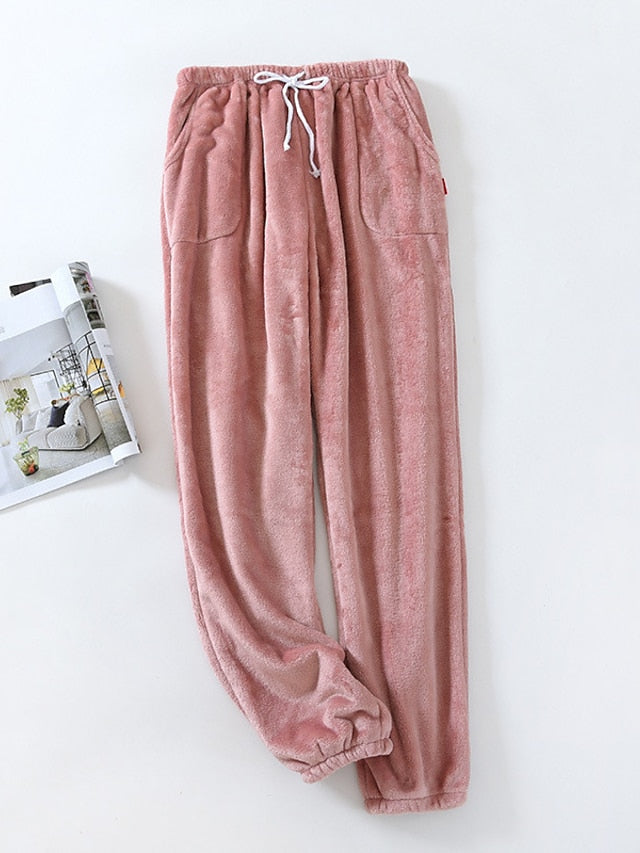 flowersverse Women's Pajamas Pants Nighty Milk Cow Pure Color Comfort Soft Plush Home Daily Bed Flannel Comfort Warm Long Pant Pocket Elastic Waist Winter Fall Green Pink