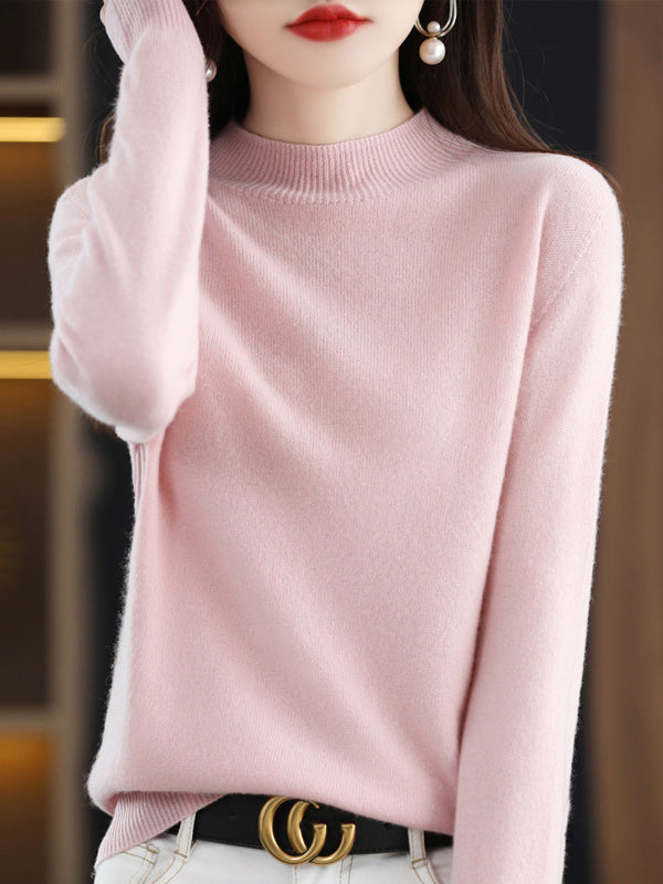 flowersverse Office Long Sleeves Solid Color High-Neck Sweater Tops Pullovers