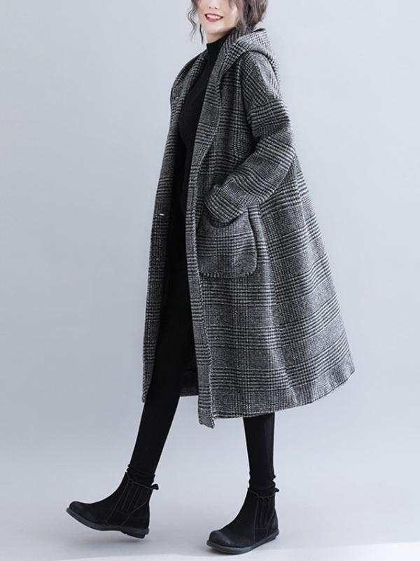 flowersverse Loose Plaid Woolen Hood Coat