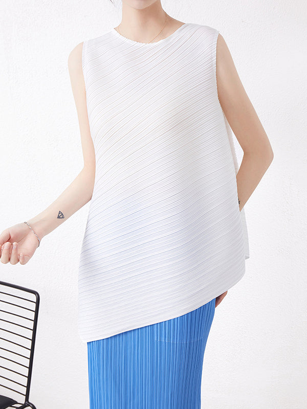 flowersverse Simple Loose Sleeveless Pleated Asymmetric Solid Color Round-Neck Vest Top