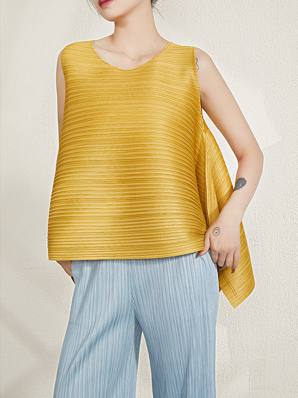 flowersverse Cropped Sleeveless Pleated Round-Neck Vest Top