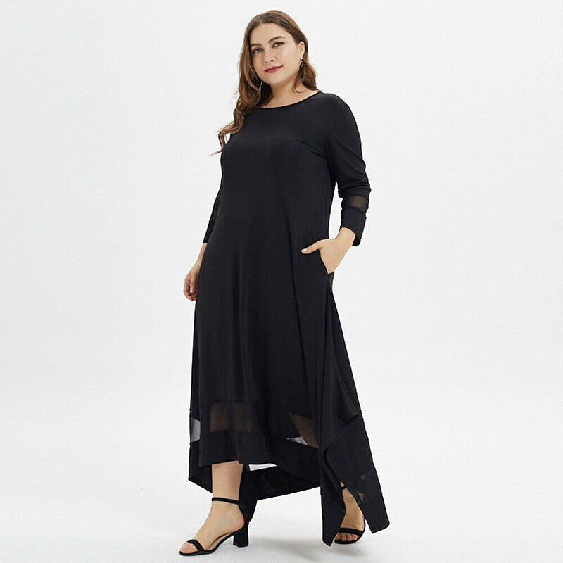 flowersverse Women's Plus Size Holiday Dress Solid Colored Crew Neck Long Sleeve Fall Winter Casual Maxi long Dress Dress