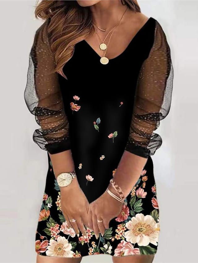 flowersverse Women's Plus Size Holiday Dress Floral V Neck Mesh Long Sleeve Fall Spring Casual Mini Dress Causal Daily Dress / Sheath Dress / Black Dress / Print