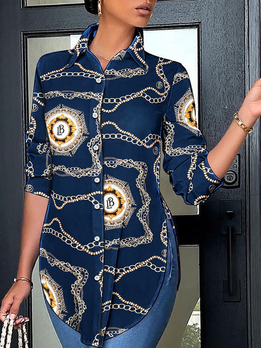 flowersverse Casual Loose Long Sleeves Printed Split-Side Polo Blouses&Shirts Tops