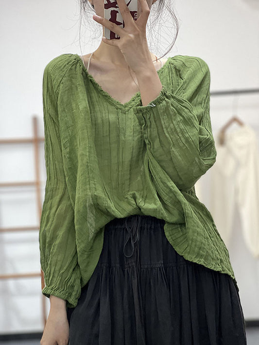 flowersverse Pleated Solid Color Long Sleeves Loose V-neck Blouses&shirts Tops