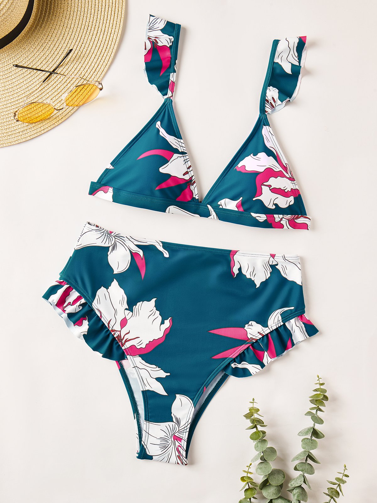 flowersverse Vacation Floral Printing V Neck Bikini Two-Piece Set
