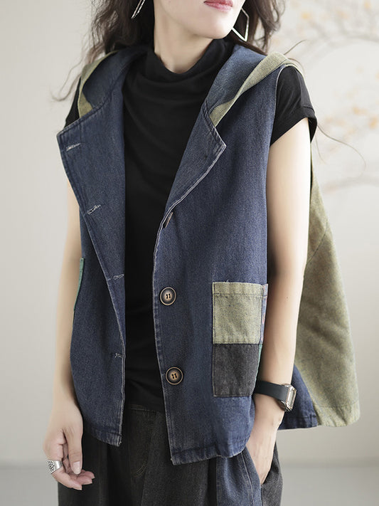 flowersverse Artistic Retro Loose Denim Sleeveless Buttoned Contrast Color Hooded Vest Outerwear