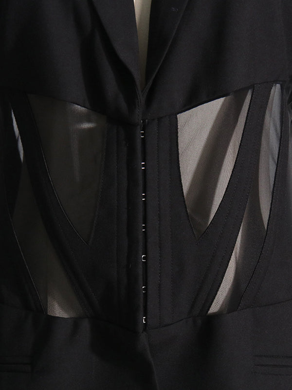 flowersverse Buckle Gauze See-Through Solid Color Split-Joint Long Sleeves Notched Collar Blazer