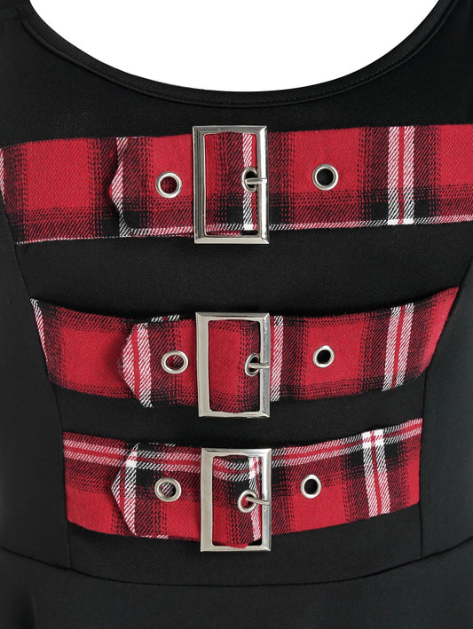 flowersverse Gothic Punk Vintage Dress Plus Size Colorblock Plaid Buckles Back O Ring Flare Dress Sleeveless Casual Mini Dress Vestido