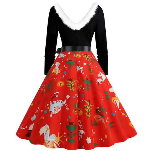 flowersverse Women Dress Vintage Furry V Neck Long Sleeve Vestido Christmas 1950s Housewife Evening Party Dress Sexy Dress Woman Clothes New