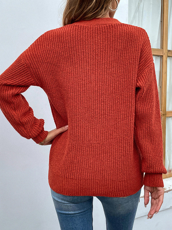 flowersverse Stylish Loose Solid Color V-Neck Sweater Tops
