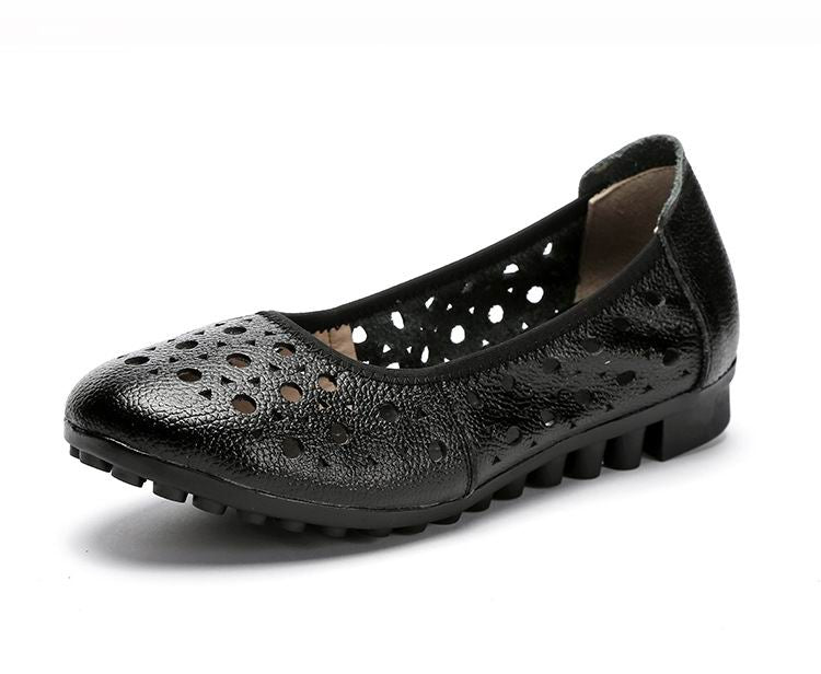 flowersverse Spring Genuine Leather Flat Summer Shoes Women Casual Hollow Breathable Soft Bottom Ladies Flats Plus Size 35-43