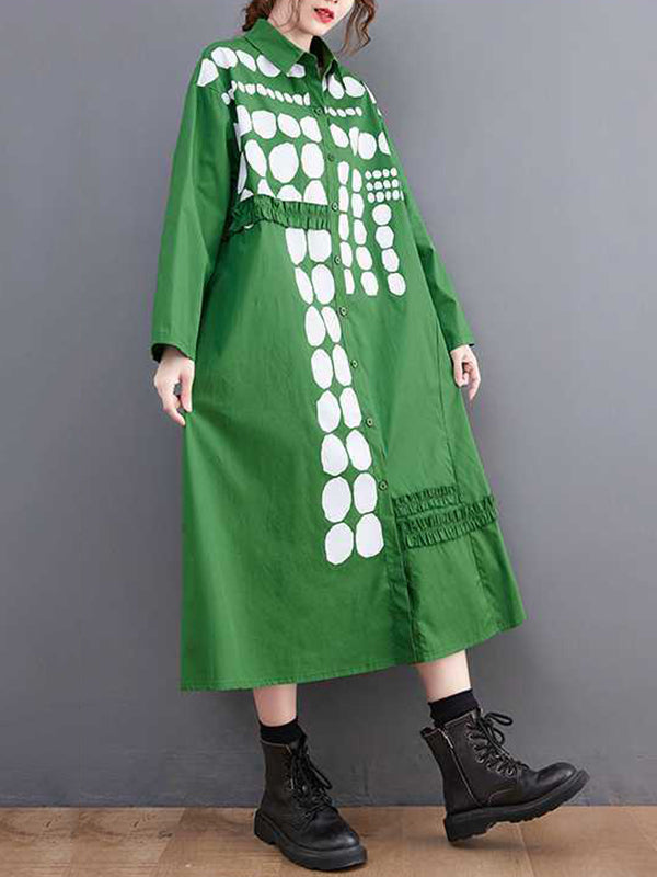 flowersverse A-Line Long Sleeves Asymmetric Buttoned Polka-Dot Lapel Midi Dresses