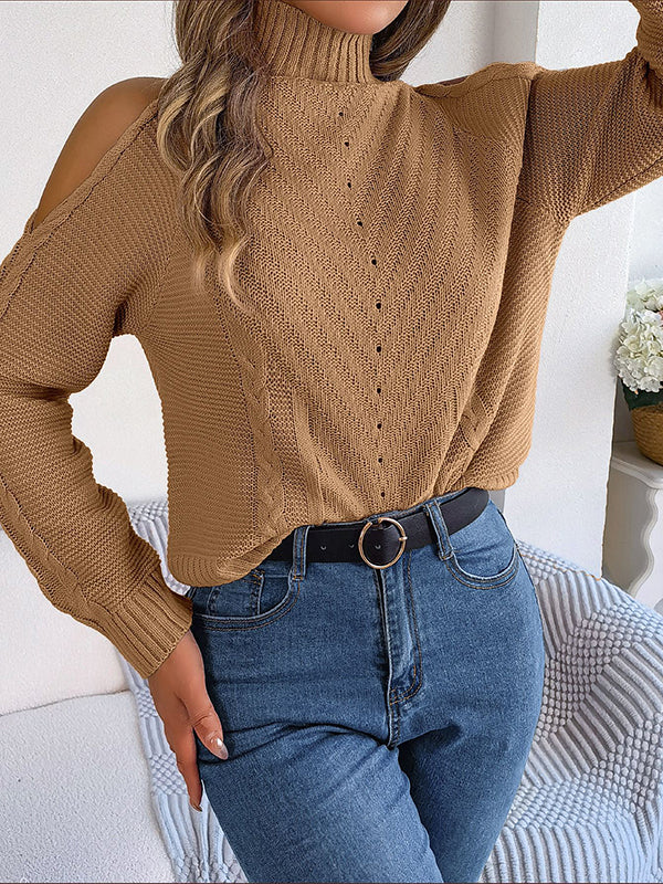 flowersverse Solid Color Split-Joint Long Sleeves Loose Cold Shoulder Sweater Tops