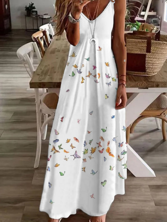 flowersverse Casual Butterfly Sleeveless V Neck Printed Dress