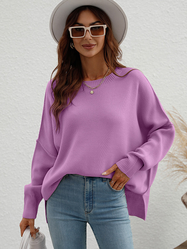 flowersverse Casual Long Sleeves Loose Split-Side Solid Color Round-Neck Sweater Tops