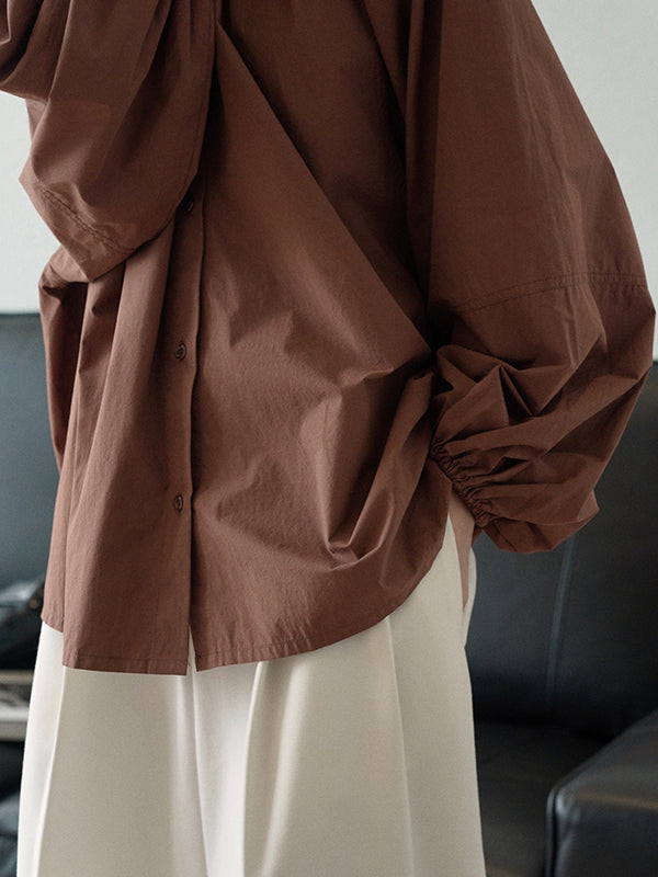 flowersverse Buttoned Elasticity Pleated Solid Color Bishop Sleeve Long Sleeves Round-Neck Blouses&Shirts Tops