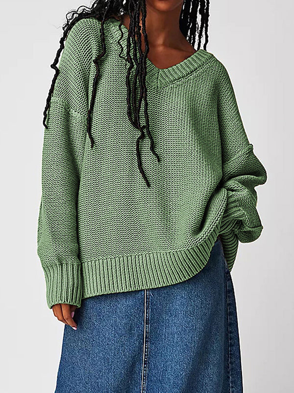 flowersverse Solid Color Velvet Long Sleeves Loose V-Neck Sweater Tops Pullovers