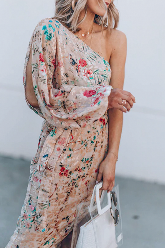 flowersverse Casual Print Patchwork One Shoulder Irregular Dress Dresses