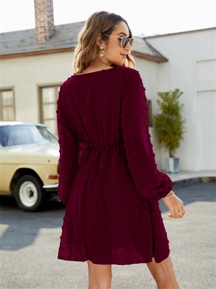 flowersverse Dot A-Line Skirt Ruffled V-Neck Casual Loose Short Dress