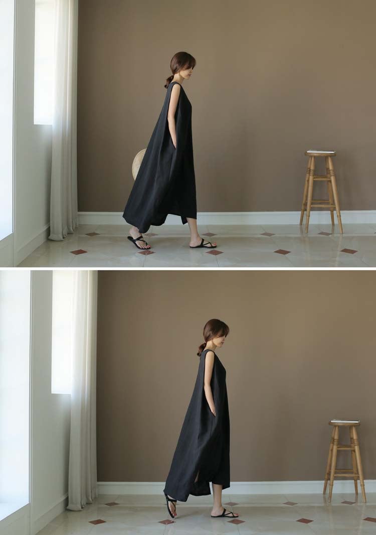 flowersverse Loose Cotton Vest Dress New Round Neck Sleeveless Long Dress Linen