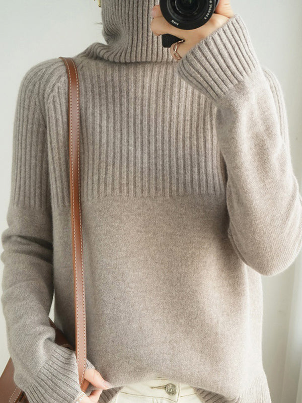 flowersverse Casual Long Sleeves Loose Solid Color High-Neck Sweater Tops