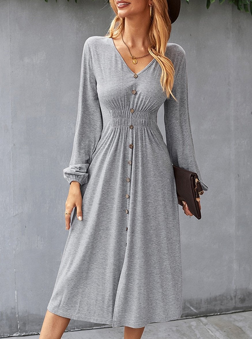 flowersverse Fall/Winter A-Line Solid Color V-Neck Dress Black Dresses
