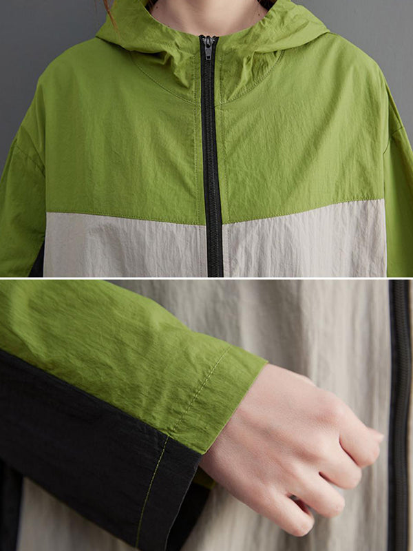 flowersverse Original Creation Loose Long Sleeves Contrast Color Zipper Hooded Trench Coats