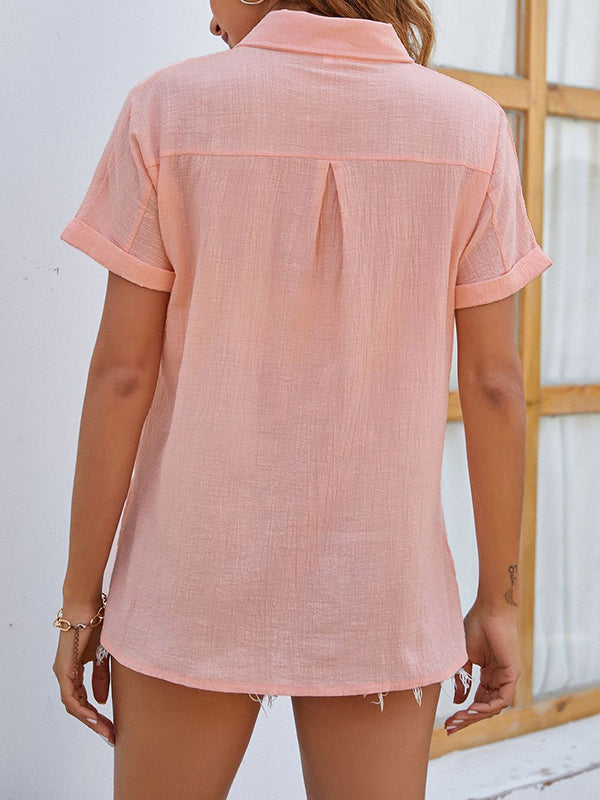 flowersverse Pleated Loose Short Sleeves Lapel Blouses&Shirts Tops