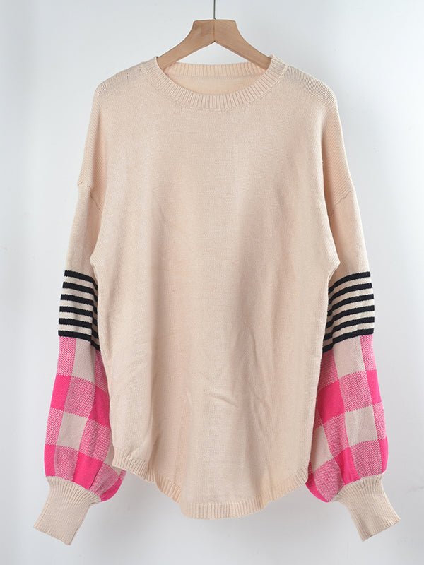 flowersverse Casual Long Sleeves Loose Checkered Round-Neck Sweater Tops