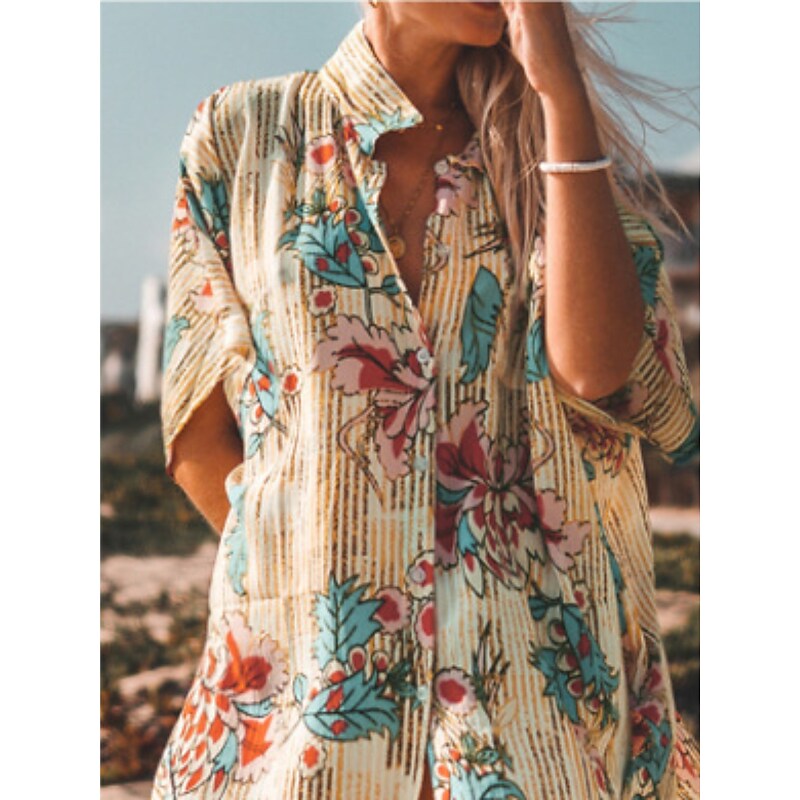flowersverse Women's Shirt Dress Beach Dress Beach Wear Mini Dress Print Casual Floral Turndown Short Sleeve Loose Fit Outdoor Daily Blue Spring Summer One Size