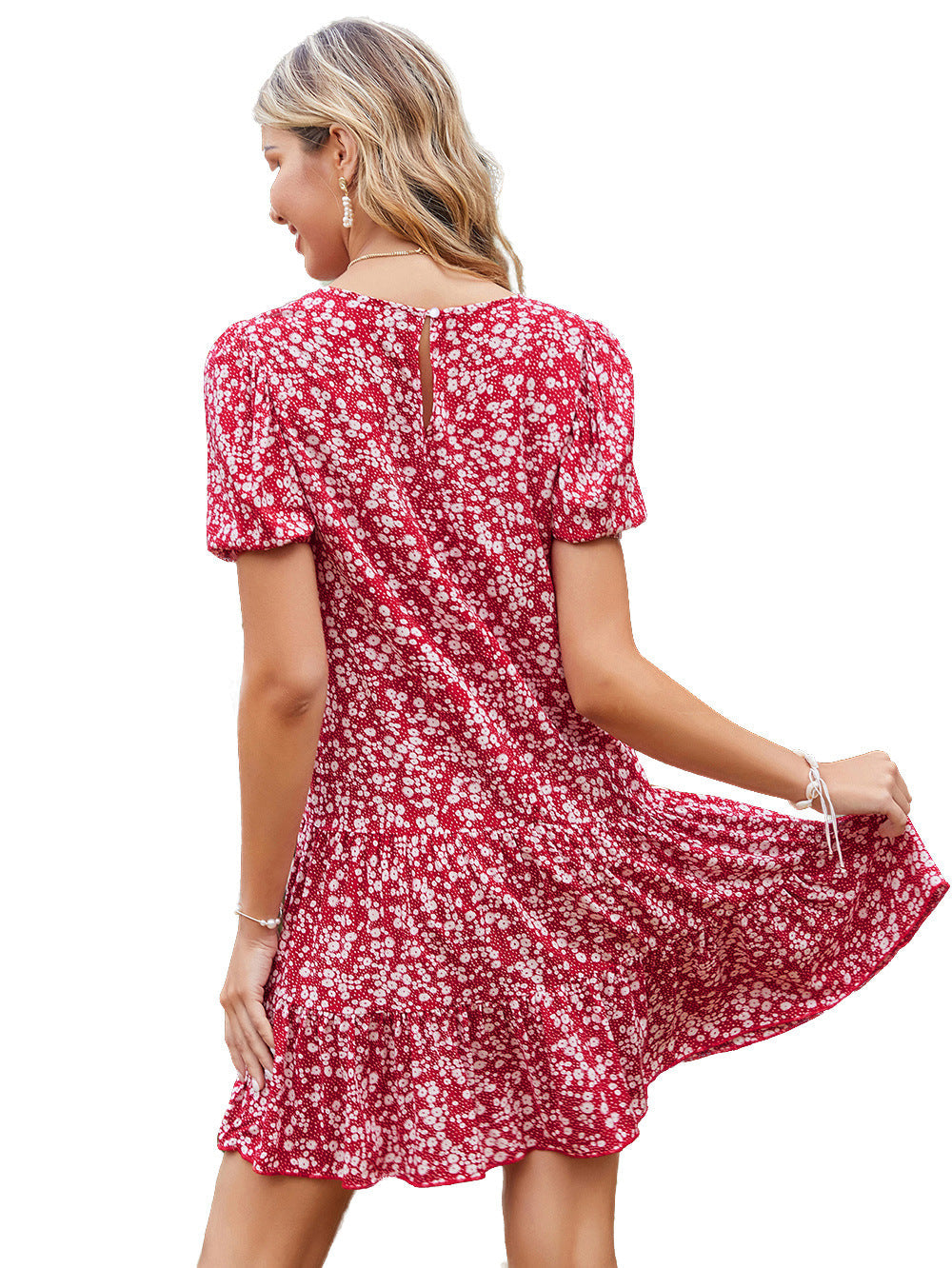 flowersverse Spring Summer Print Short Dress Women O Neck Ruffles Mini Floral Dresses For Women Casual High Waist