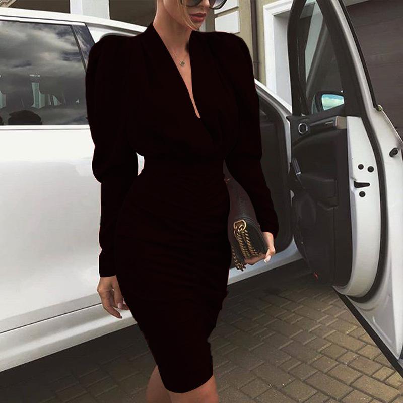 flowersverse Women Leg-of-Mutton Sleeve Plunge Party Dress Slim Waist Ruched Bodycon Dress Solid Yellow Red Black Robe Femme
