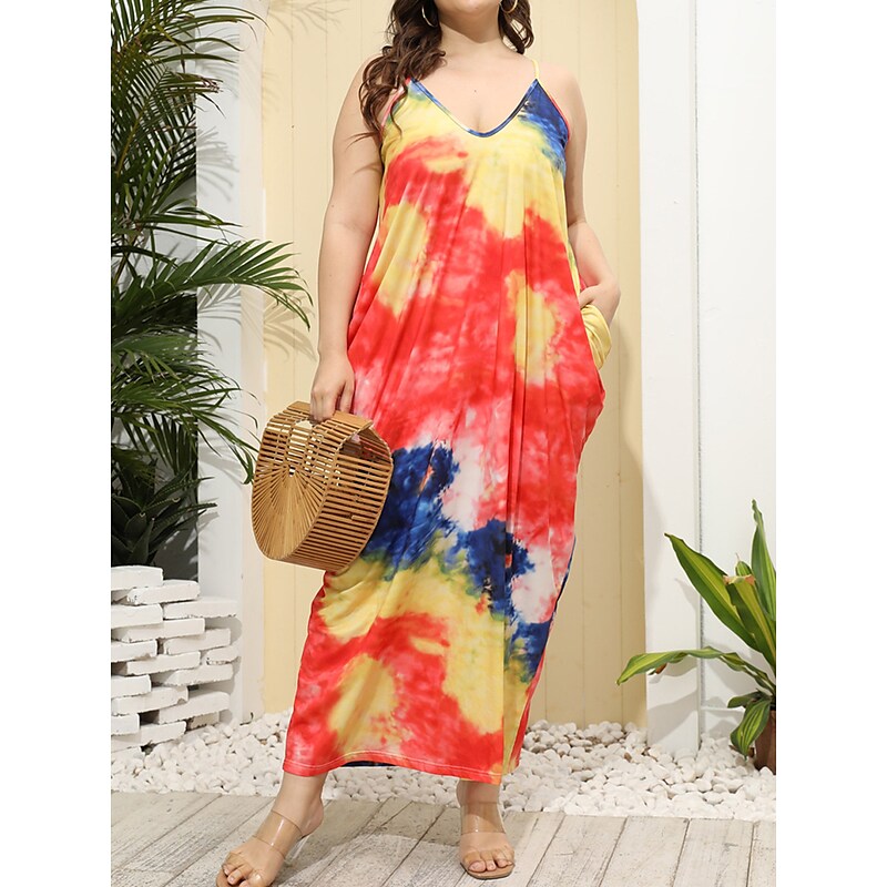 flowersverse Women's Plus Size Casual Dress Shift Dress Slip Dress Leaf Tie Dye Long Dress Maxi Dress Sleeveless Pocket Print Strap Fashion Daily Light Yellow White Spring Summer XL XXL 3XL