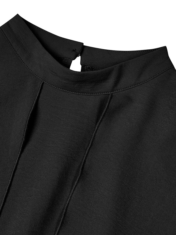 flowersverse Solid Color Split-Joint False Two High-Low Mock Neck Blouses&Shirts Tops