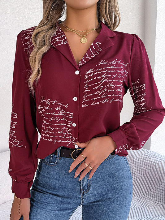 flowersverse Buttoned Letter Print Long Sleeves Loose Notched Collar Blouses&Shirts Tops