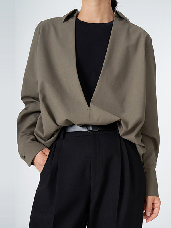 flowersverse Solid Color Long Sleeves Loose Deep V-Neck Blouses&Shirts Tops