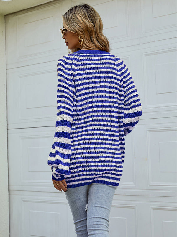 flowersverse Casual Loose Long Sleeves Striped V-Neck Cardigan Tops