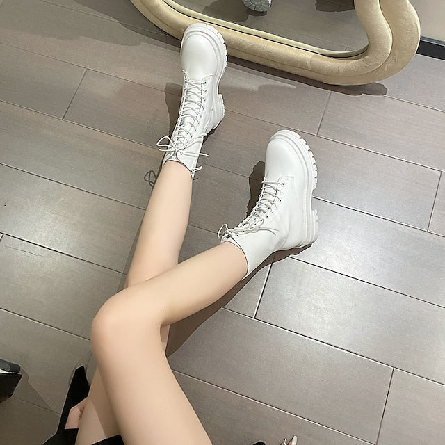 flowersverse Autumn Boots Women's Boots Martin Boots Plus Size Lace Up Boots Daily Walking Zipper Chunky Heel Round Toe Elegant Casual Comfort Walking Shoes Faux Leather Lace-up Solid Color Black White
