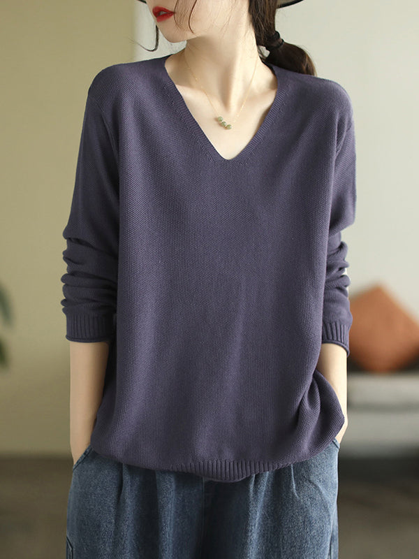 flowersverse Solid Color Long Sleeves Loose V-Neck Sweater Tops