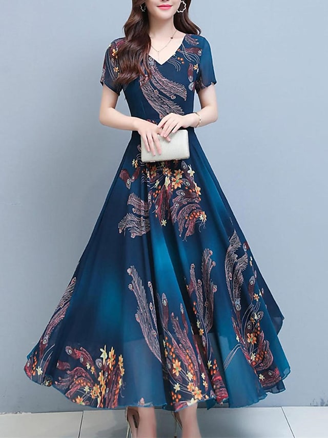 flowersverse Women's Casual Dress Swing Dress Print Dress Floral Print V Neck Midi Dress Active Fashion Outdoor Daily Short Sleeve Regular Fit Red Blue Spring Summer M L XL XXL 3XL