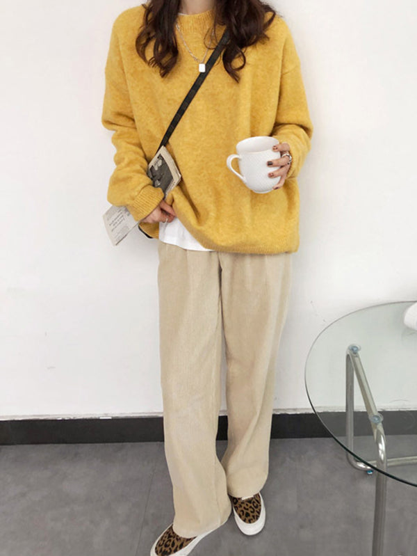 flowersverse Simple Loose Long Sleeves Round-Neck Sweater Tops Pullovers
