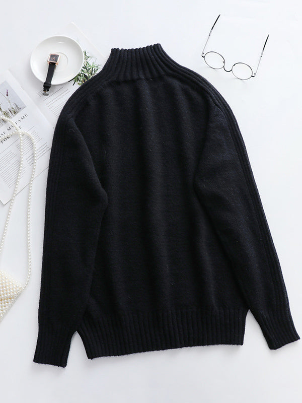 flowersverse Stylish Long Sleeves Loose Solid Color High-Neck Sweater Tops